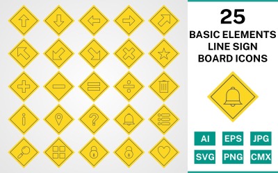 25 grundläggande element linjeskylt Ikonuppsättning
