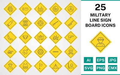 25 militär linje tecken styrelse Ikonuppsättning