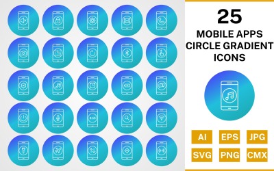 25 Mobile Apps Circle Gradient Ikonuppsättning