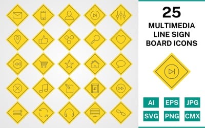 25 Multimedia Line Sign Board Icon Set