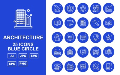 25 Premium Architecture Blue Circle Pack Ikonuppsättning