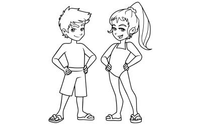 Beach Kids Line Art - Illustration