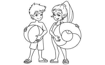 Beach Kids with Accessories Line Art - Illustration