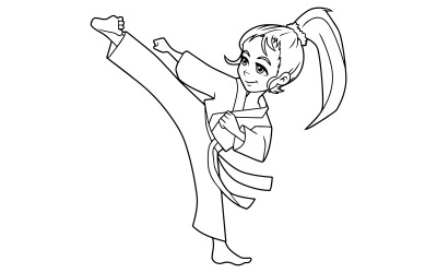 Karate Kick Girl Line Art - Illustration