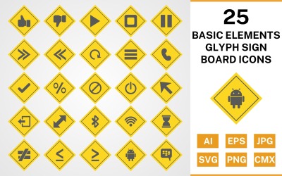 25 Basic Elements Glyph Sign Board Ikonuppsättning