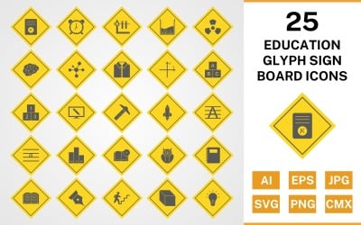 25 Education Glyph Sign Board Icon Set