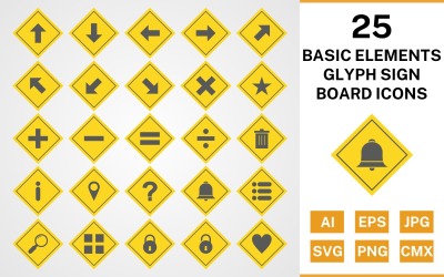 25 elementi di base glifo segno Board Icon Set