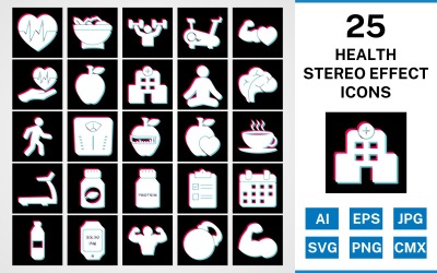 25 Health Stereo Effect Icon Set