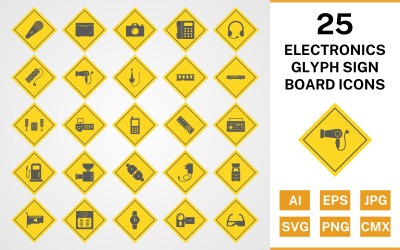 25 Ikonuppsättning för Glyph Sign Board för elektroniska enheter