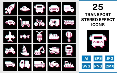 25 Ikonuppsättning för stereoeffekt för transport