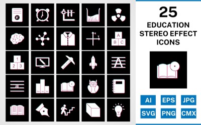25 Ikonuppsättning för stereoeffekt för utbildning