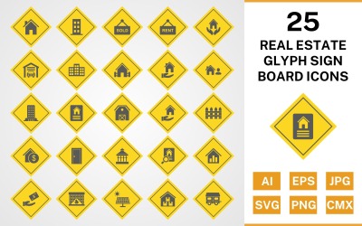 25 Insieme dell&amp;#39;icona del bordo del segno del glifo del bene immobile