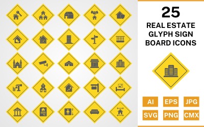 25 Insieme dell&amp;#39;icona del bordo del segno del glifo del bene immobile
