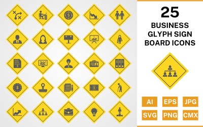 Insieme dell&amp;#39;icona del bordo del segno del glifo di affari 25