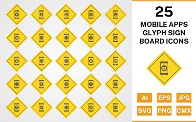 25 Mobile Apps Glyph Sign Board Ikonuppsättning