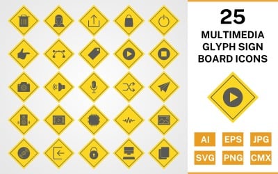 25 Multimedia Glyph Sign Board Icon Set