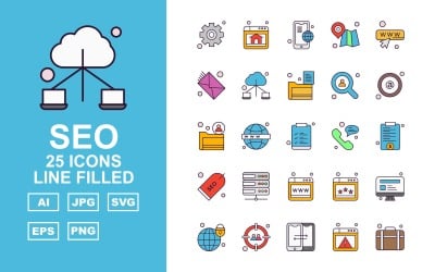 25 Premium SEO Line fylld ikonpaketuppsättning