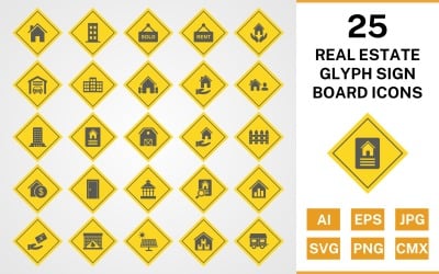 25 Real Estate Glyph Sign Board Icon Set