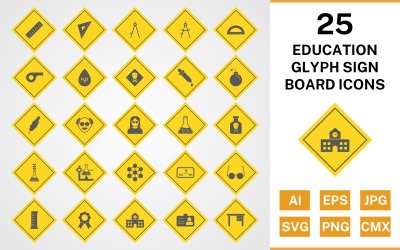 25 Set di icone del bordo del segno del glifo di educazione
