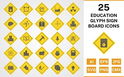 25 Set di icone del bordo del segno del glifo di educazione