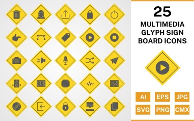 25 set di icone del bordo del segno di glifo multimediale