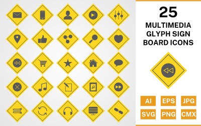 25 set di icone del bordo del segno di glifo multimediale