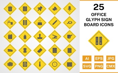 25 set di icone del bordo del segno di glifo per ufficio