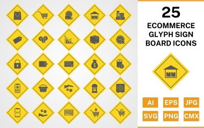 25 Set di icone del cartello glifo e-commerce