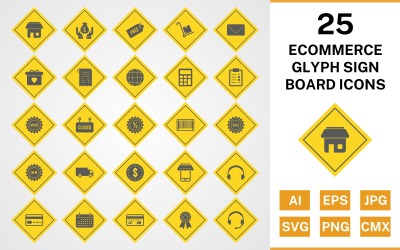 25 Set di icone del cartello glifo e-commerce