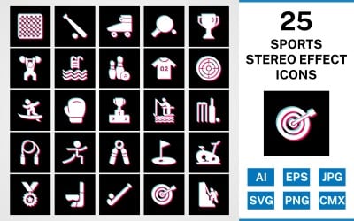 25 Sports And Games Stereo Effect Icon Set