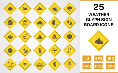 25 Weather Glyph Sign Board Ikonuppsättning