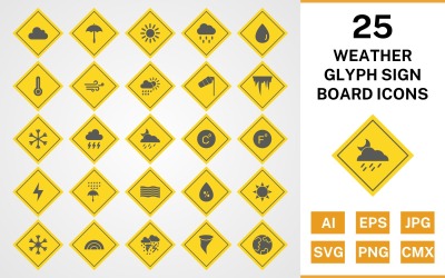 25 Weer Glyph Sign Board Icon Set