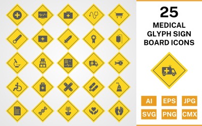 25 Medische Glyph Sign Board Icon Set