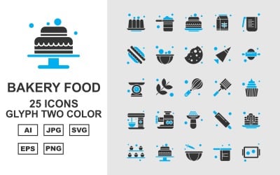25 Premium Bakery Food Glyph Two Color Icon Pack Set