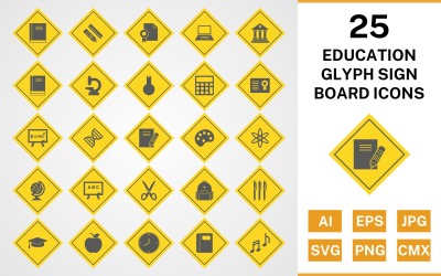 25 Set di icone del bordo del segno del glifo di educazione