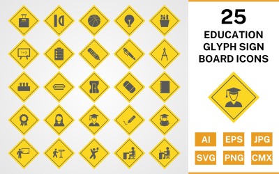 25 Set di icone del bordo del segno del glifo di educazione