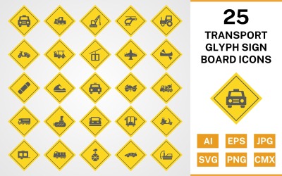 25 set di icone del bordo del segno del glifo di trasporto
