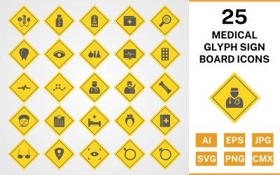 25 set di icone del bordo del segno di glifo medico