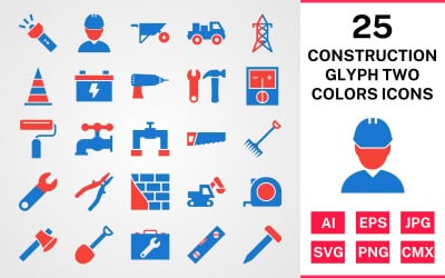 25 Conjunto de ícones de glifo de construção de duas cores