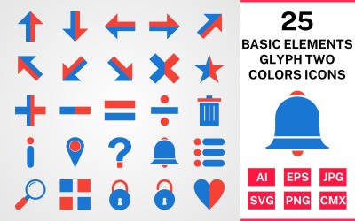 25 grundläggande element Glyph två färger Ikonuppsättning