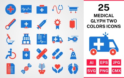 25 medicinsk glyf två färger Ikonuppsättning