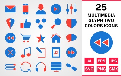 25 Multimedia Glyph Två färger Ikonuppsättning