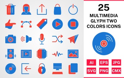 25 Multimedia Glyph Två färger Ikonuppsättning