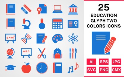 Sada ikon 25 vzdělání glyf dvě barvy