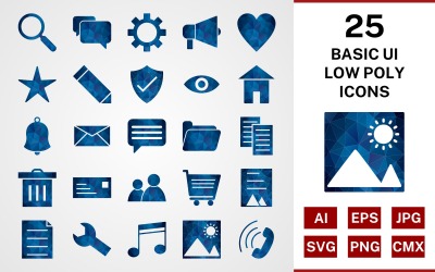 25 Basic ui Low poly Ikonuppsättning