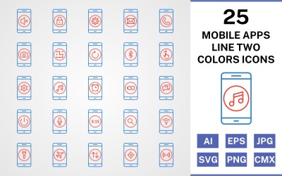 25 Conjunto de ícones de duas cores da linha de aplicativos móveis