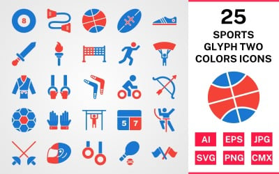 25 Conjunto de ícones de duas cores de glifo de esportes e jogos