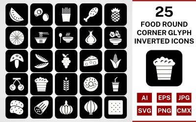 Conjunto de ícones invertidos de glifo de canto redondo de 25 alimentos