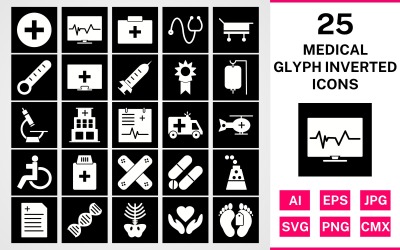 25 Conjunto de ícones invertidos de glifo médico