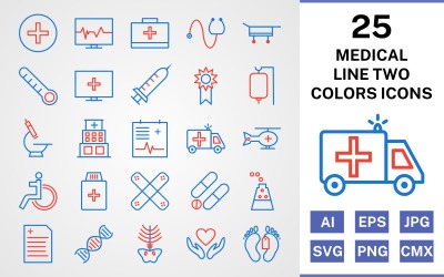 25 conjunto de iconos de dos colores de línea médica